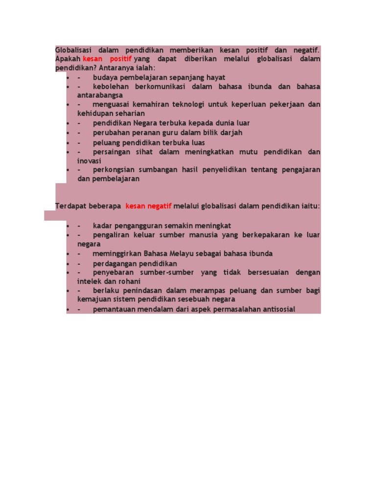 Globalisasi Dalam Pendidikan Memberikan Kesan Positif Dan Negatif Pdf