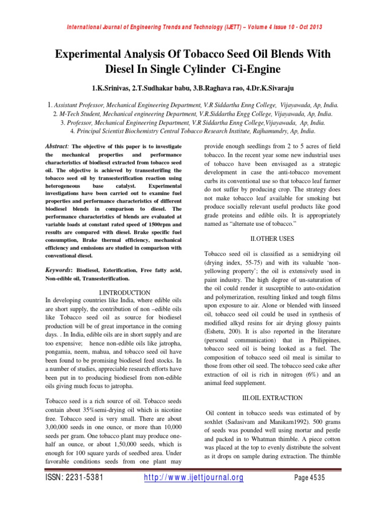 Experimental Analysis of Tobacco Seed Oil Blends With Diesel in Single ...