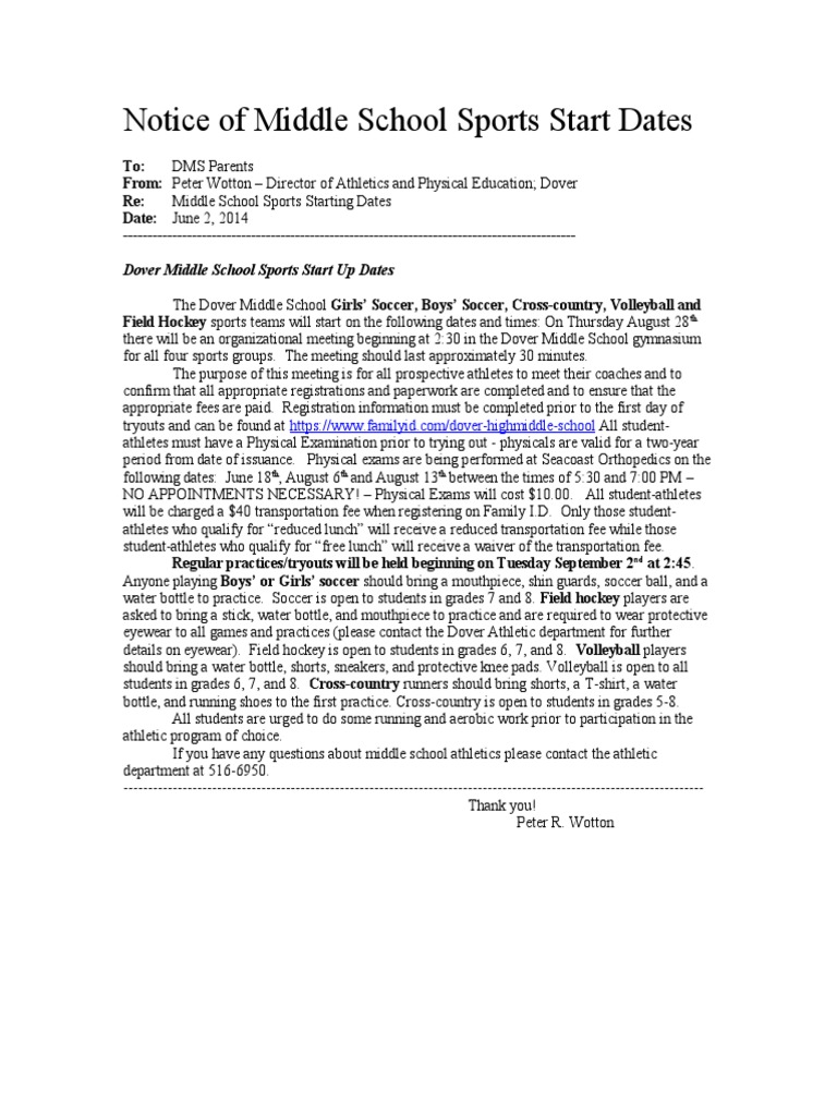 DMS Fall Sports Start Dates PDF Athletic Sports Team Sports