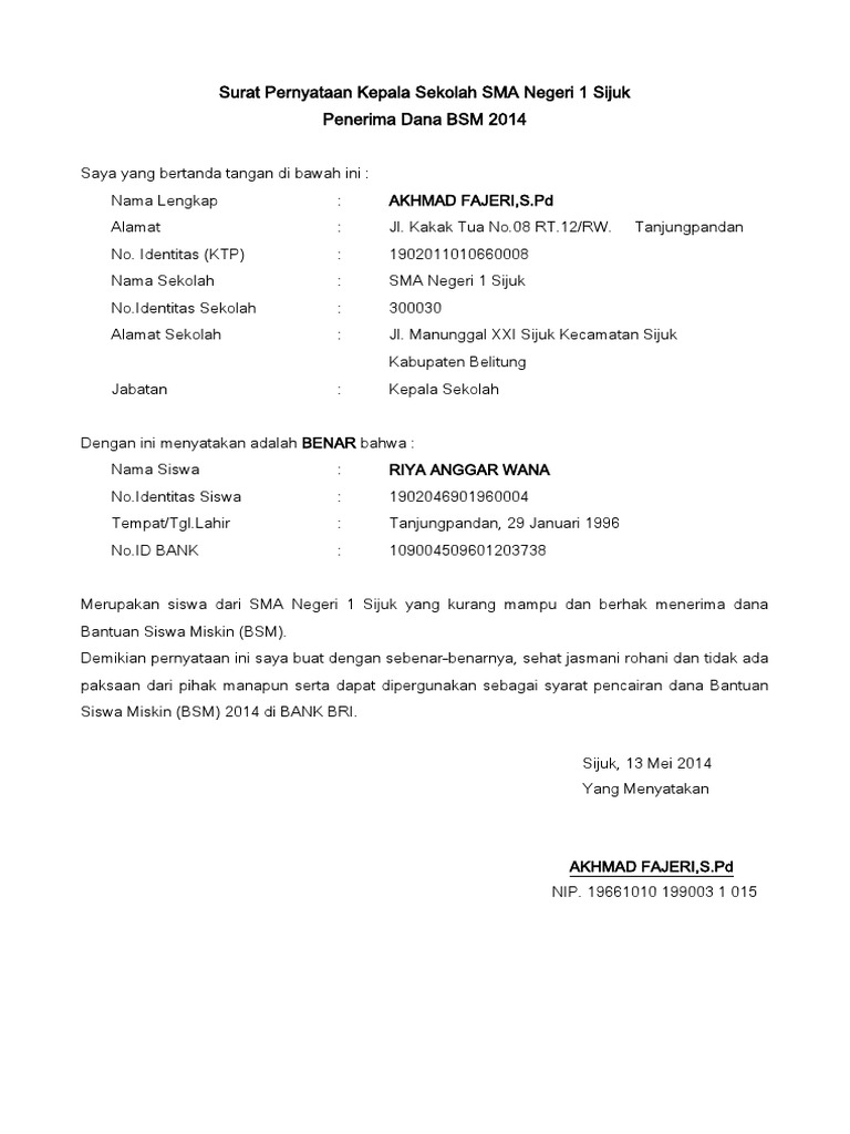 Contoh Surat Rekomendasi Pindah Sekolah Dari Kepala Sekolah  Kumpulan