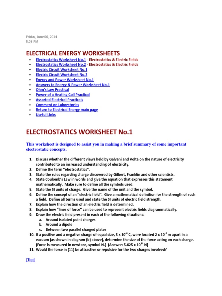 Electrical Energy Worksheets PDF Voltage Electric Field