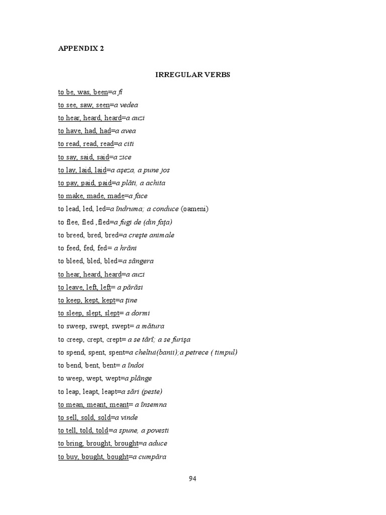 Engleza II Appendix 2 Irregular Verbs | PDF