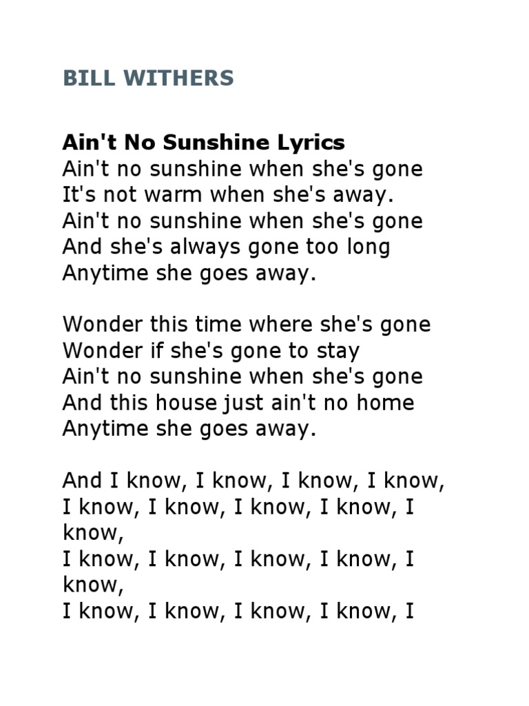 BILL WITHERS Ain't No Sunshine, PDF, Rhythm And Blues Songs