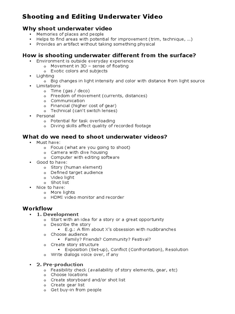 Underwater Video Shooting & Editing Guide | PDF | Camera | Media Technology
