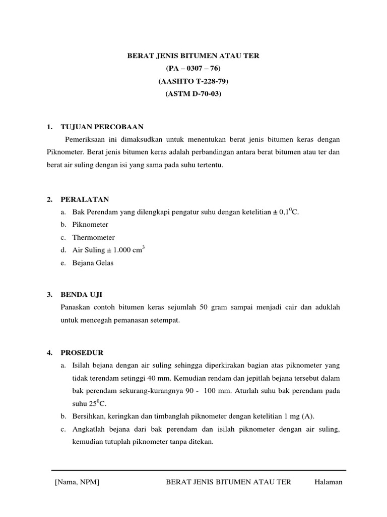 Uji Berat Jenis Bitumen | PDF