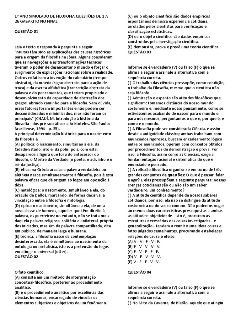 Simulado de Filosofia - 1º Ano com Gabarito | PDF | Science | Conhecimento