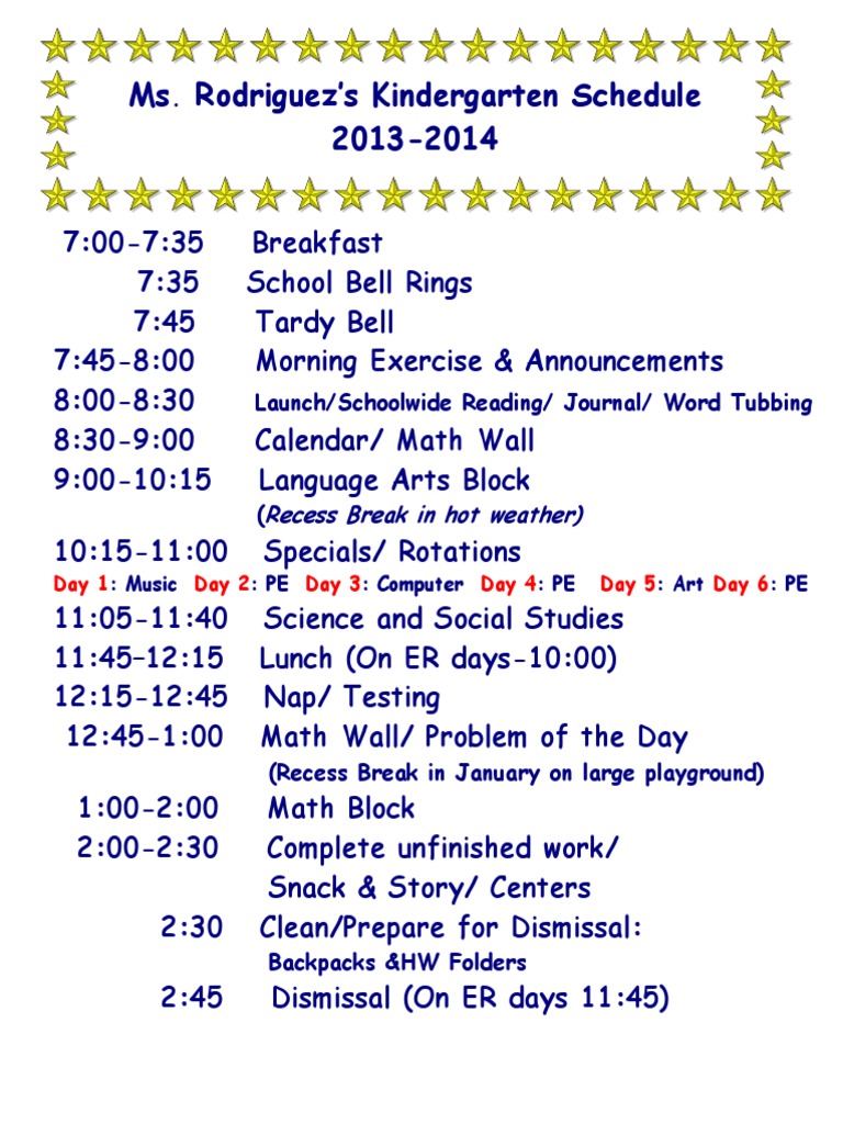 Kindergarten Daily Schedule 2013-14 | PDF | Language Arts & Discipline ...