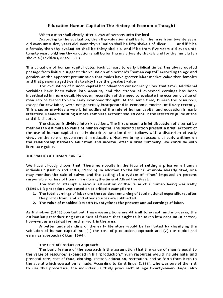 Education Human Capital in The History of Economic Thought | PDF ...