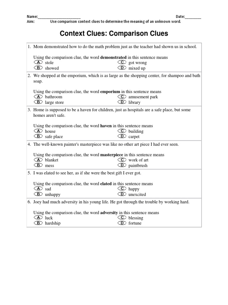 Context Clues Unit Comparison Pdf Umbrella
