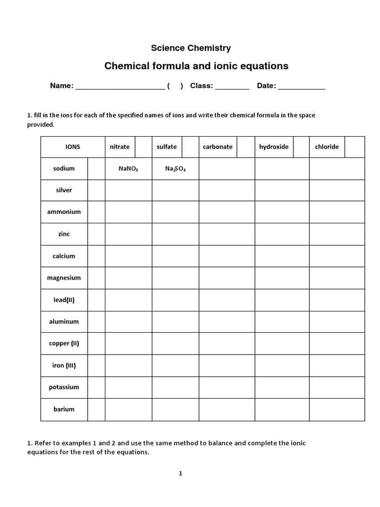 Ionic Equation Worksheet | Sodium | Physical Chemistry