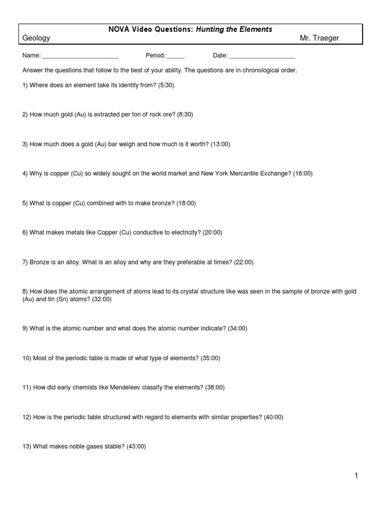 Nova Hunting The Elements  PDF  Chemical Elements  Gold For Hunting The Elements Worksheet Answers