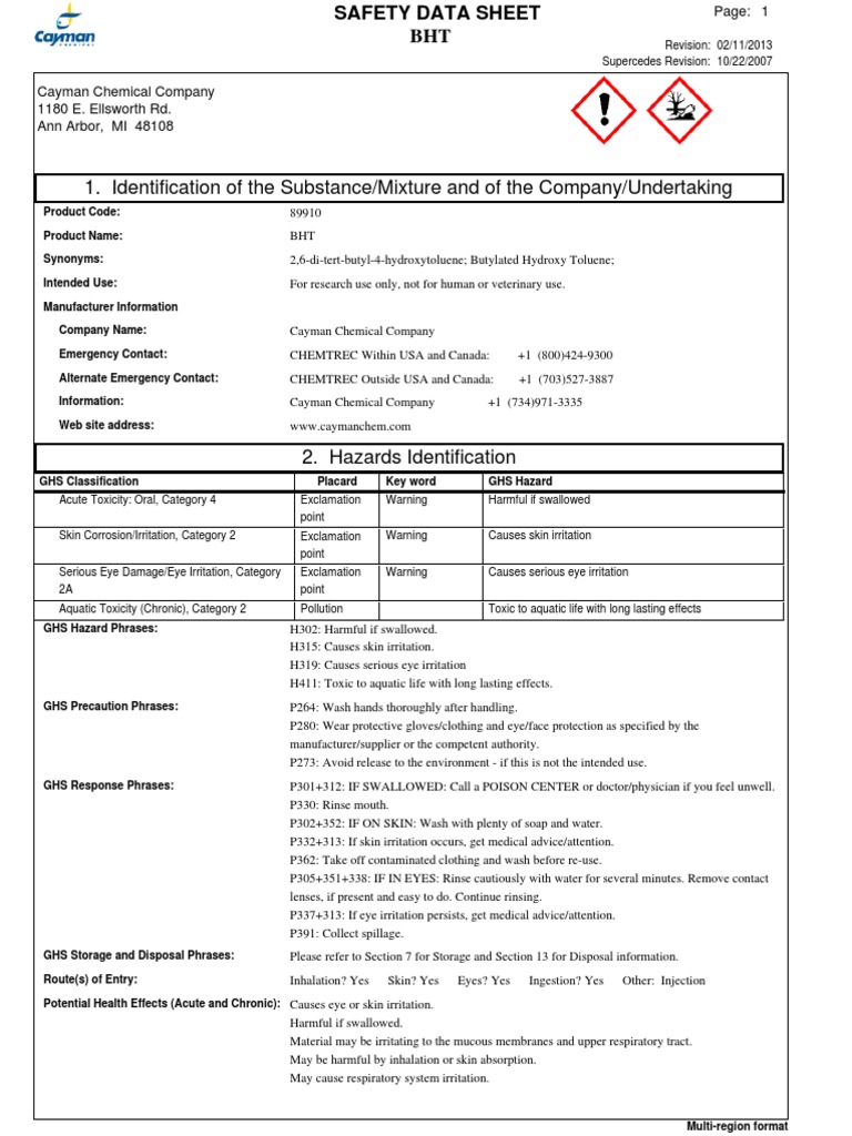 BHT Safety Data Sheet Overview | PDF | Toxicity | Dangerous Goods