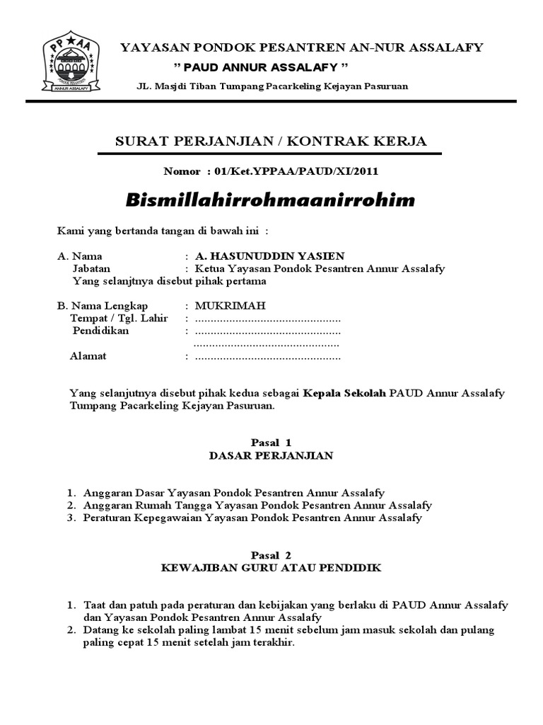 Contoh Surat Kontrak Kerja Guru Perjanjian Penyewaan Kantin Di