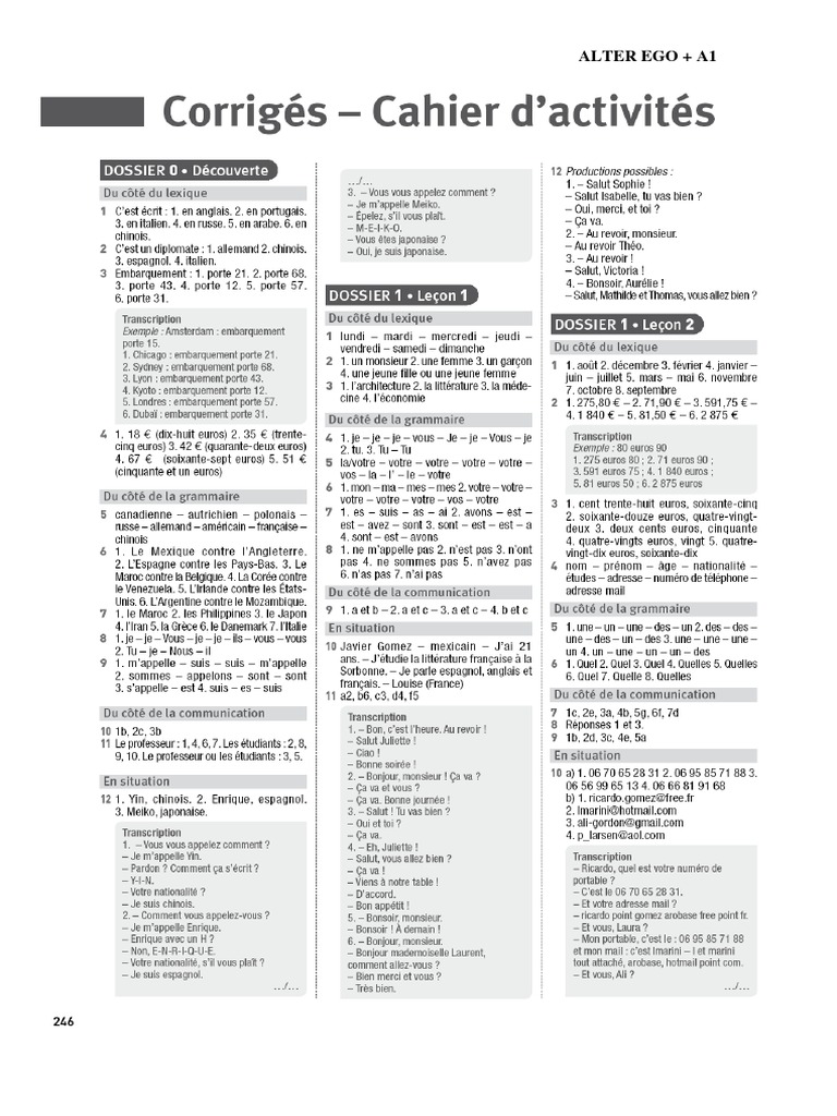 Corrigé Cahier d'Activités + transcriptions Alter Ego + 1