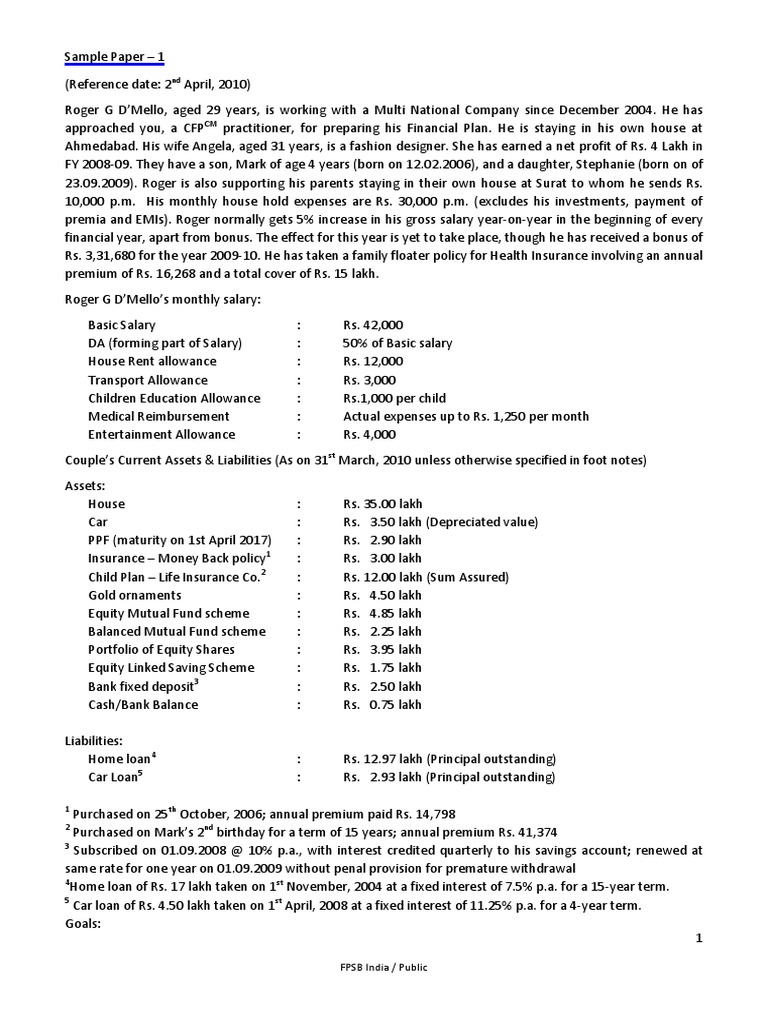CFP Certification Exam Sample Paper WWW Fpsb.co in Financial