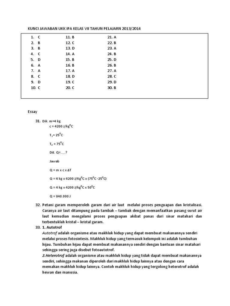 Kunci Jawaban Ukk Ipa Kelas Vii Tahun Pelajarn 2014 Kur 2013 Pdf