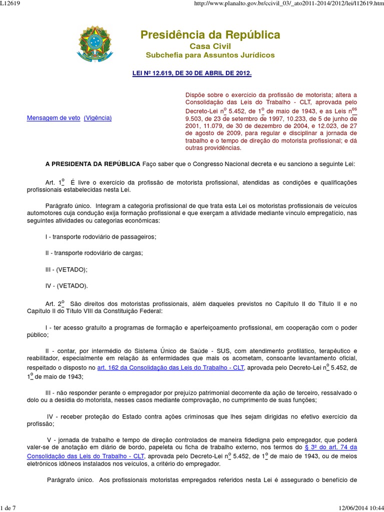 Lei 12619 - Motorista  Expediente  Lei Estatutária