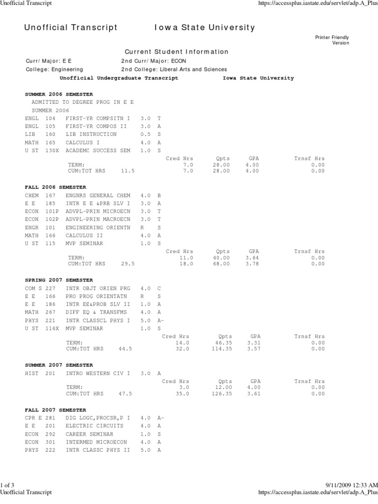Unofficial Transcript Academia Educational Assessment And Evaluation