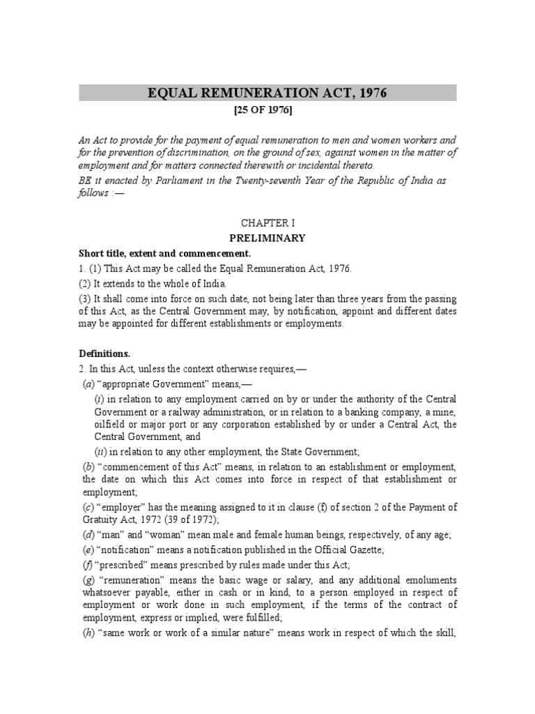 Equal Remuneration Act, 1976 Overview | PDF | Common Law | Virtue