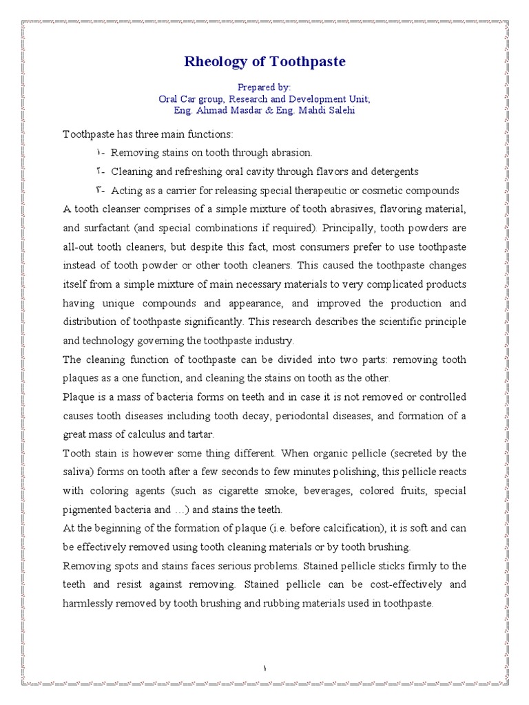 Rheology of Toothpaste: Prepared By: Oral Car Group, Research and ...