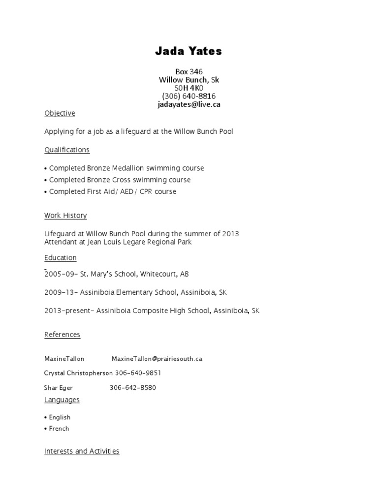 Lifeguard Application: Jada Yates | PDF