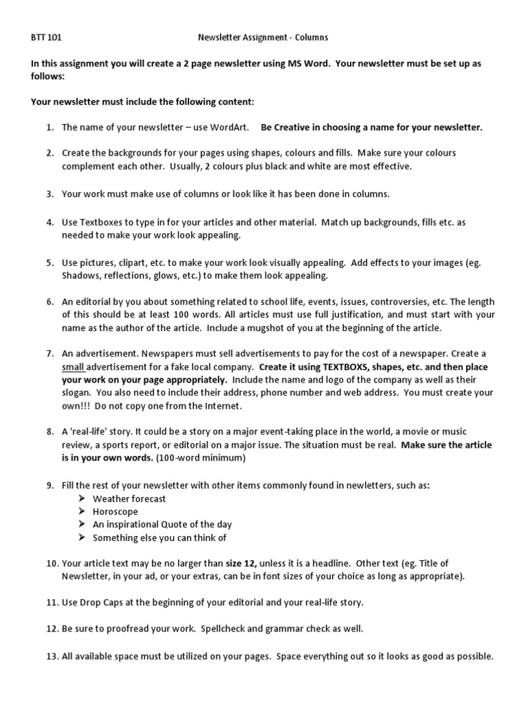 Newsletter Assignment | PDF | Newspapers | Advertising