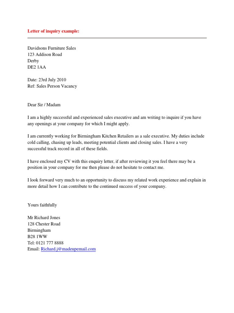 Job Inquiry Letter Example | PDF | Violence