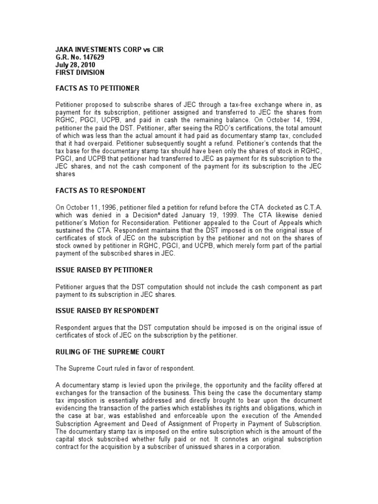 Jaka Investment Vs CIR CD PDF Taxation Public Law