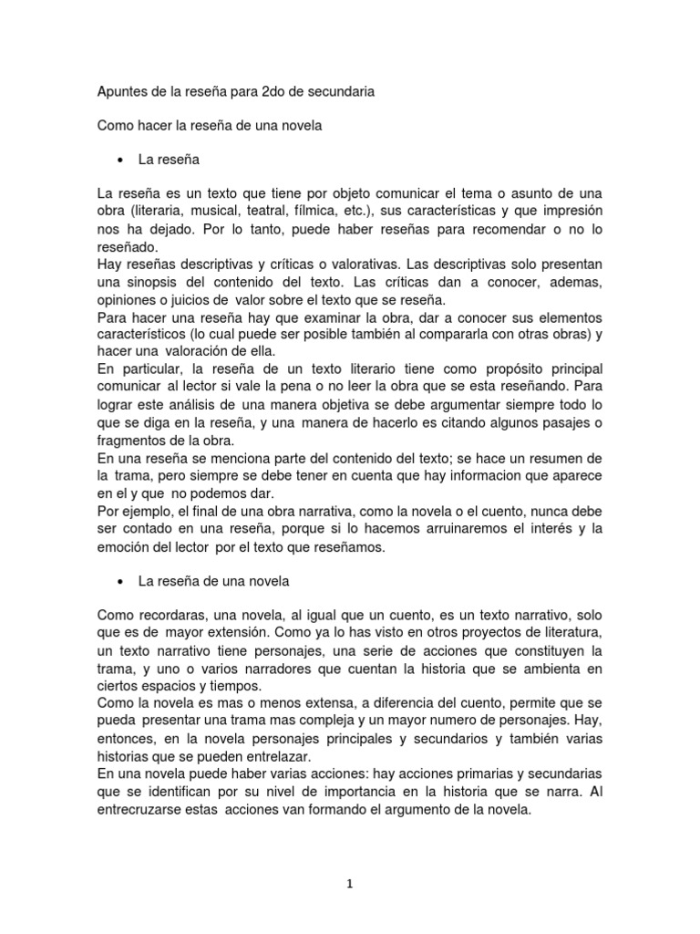 Apuntes de La Reseña para 2do de Secundaria | PDF | Comillas | Novelas