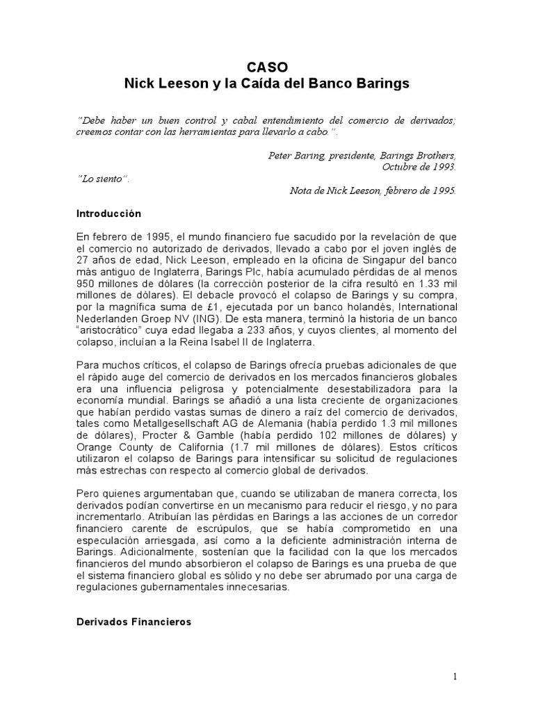 Caso Nick Leeson y La Caida Del Banco Barings 189697 PDF Comercio