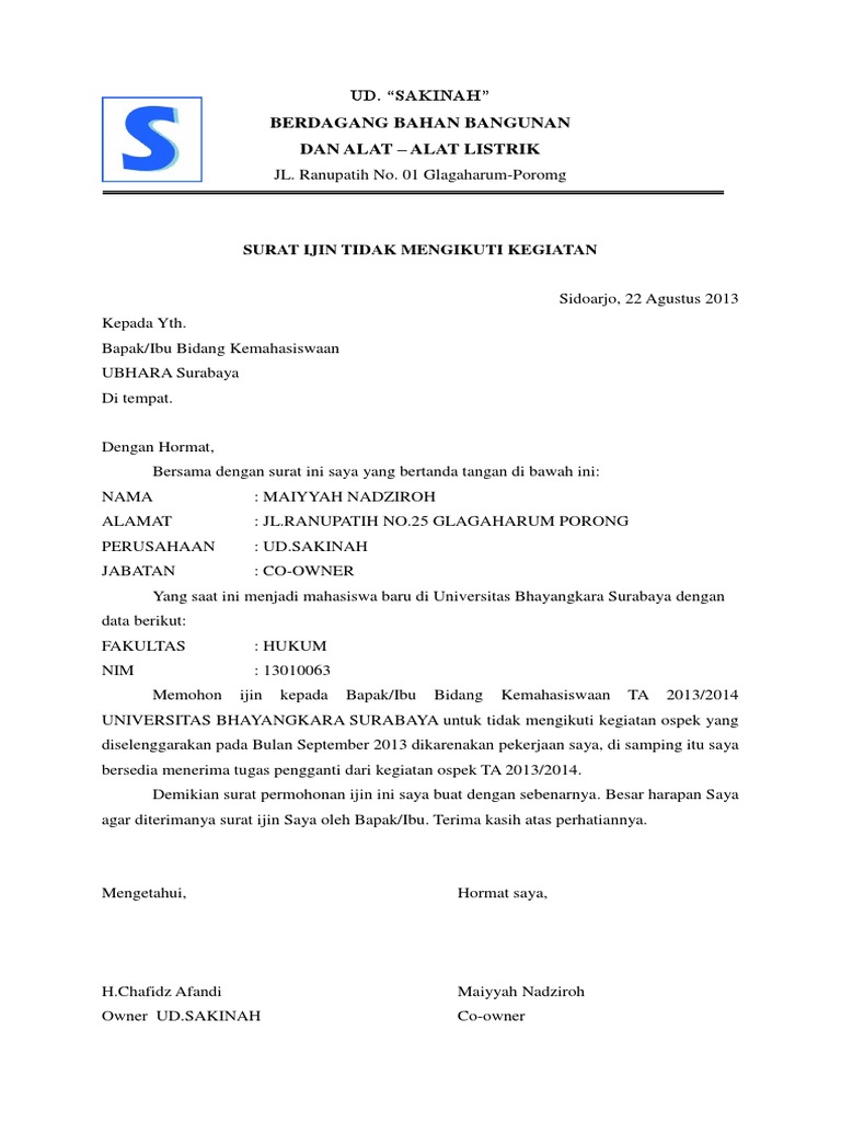 Contoh Surat Izin Tidak Mengikuti Kegiatan Sekolah  Contoh Surat