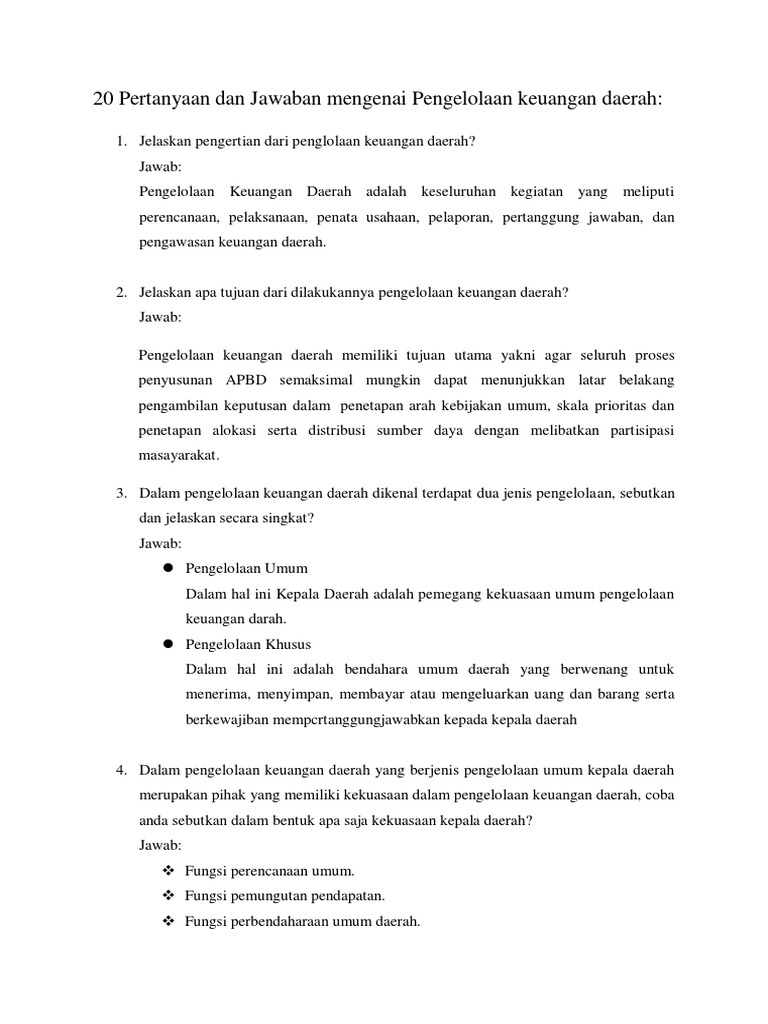 20 Pertanyaan Dan Jawaban Mengenai Pengeolaan Keuangan Daerah