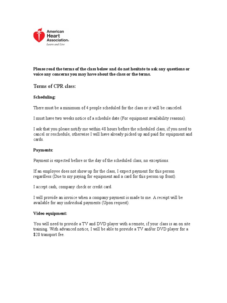CPR Class Terms and Payment Guidelines | PDF