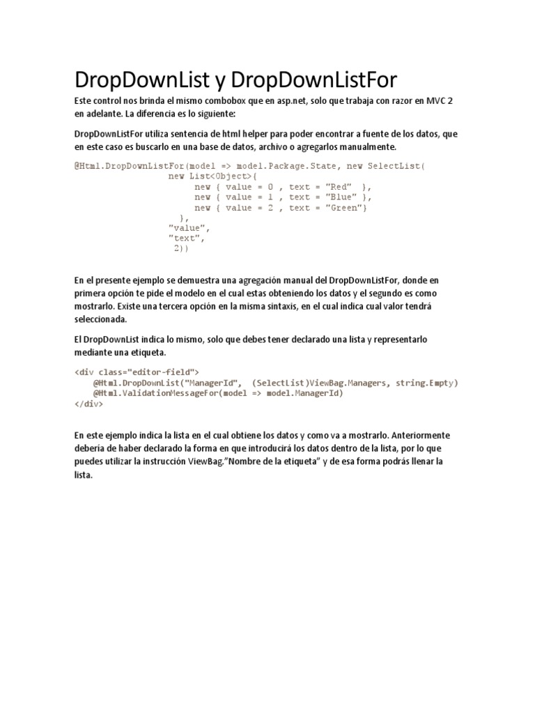 DropDownList y DropDownListFor | PDF | Métodos y materiales de ...