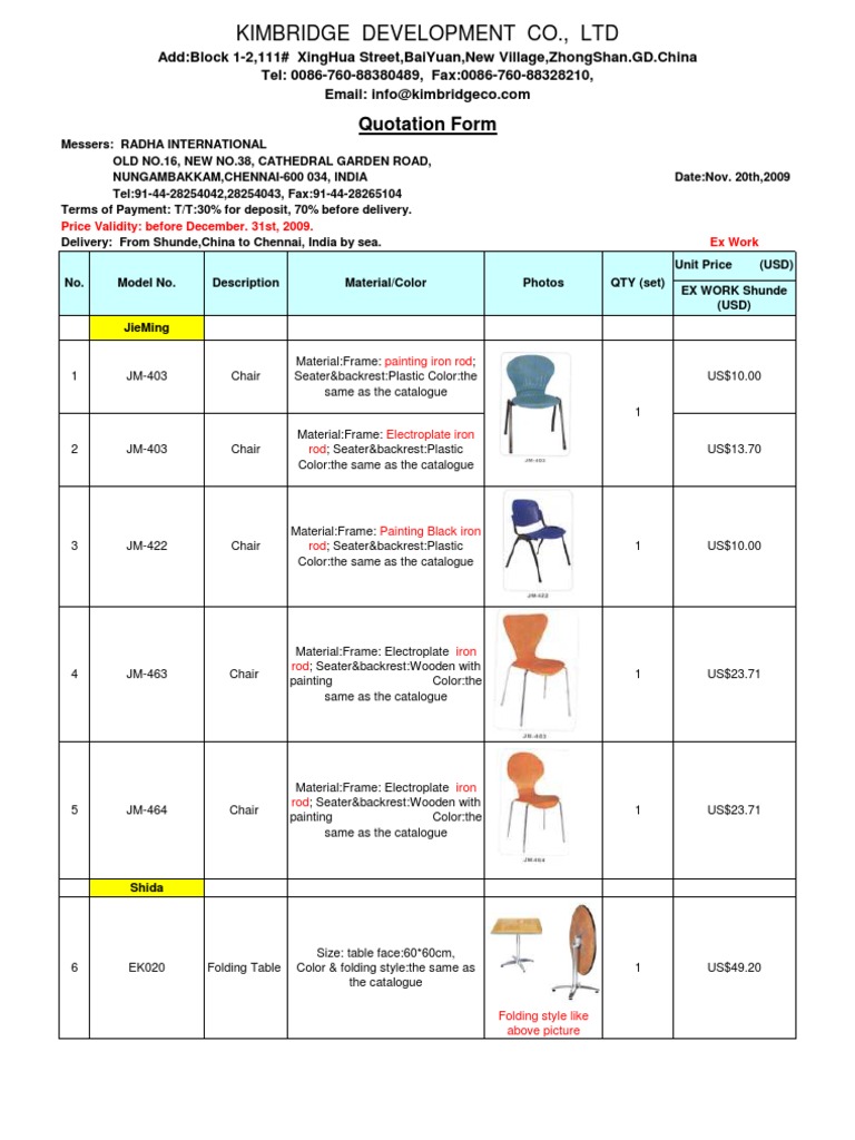 2009 Chair and Table Quotation Details | PDF