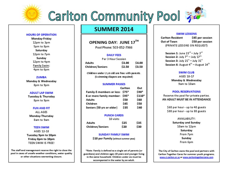 Carlton Pool Summer Schedule 2014 | PDF | Art | Lifestyle
