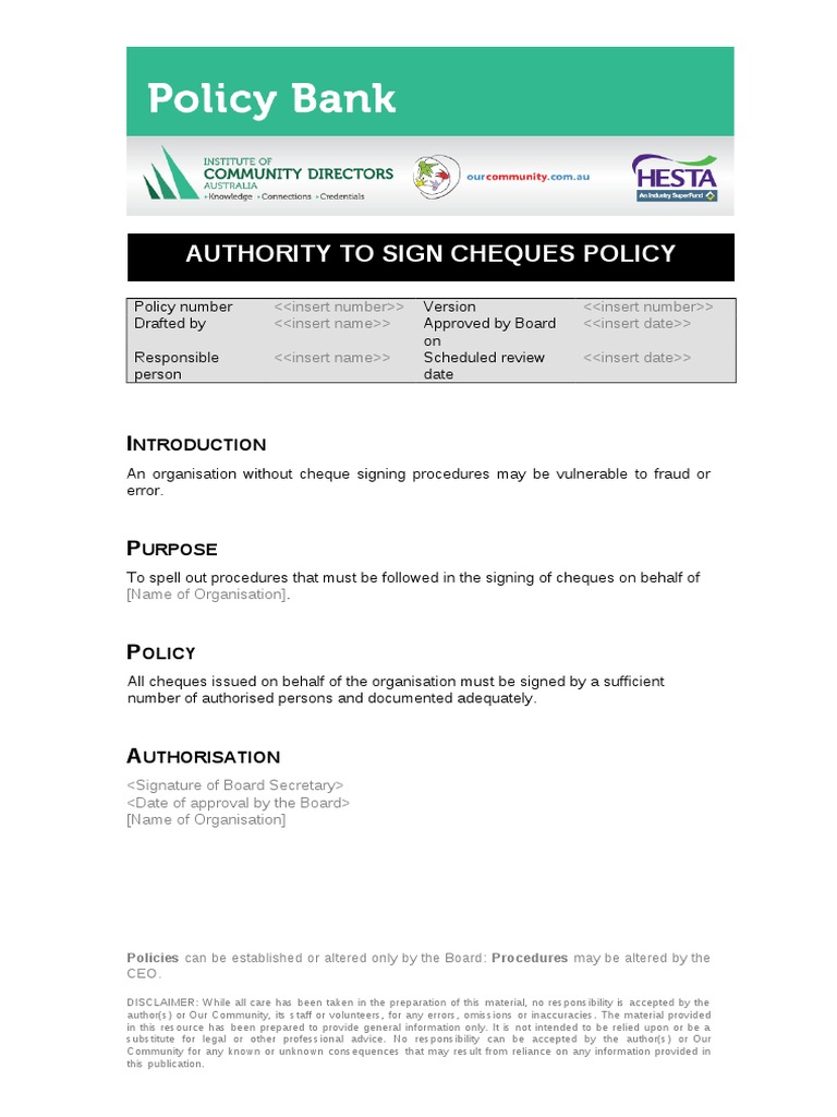 Authority To Sign Cheques Policy: Ntroduction | PDF | Cheque | Government