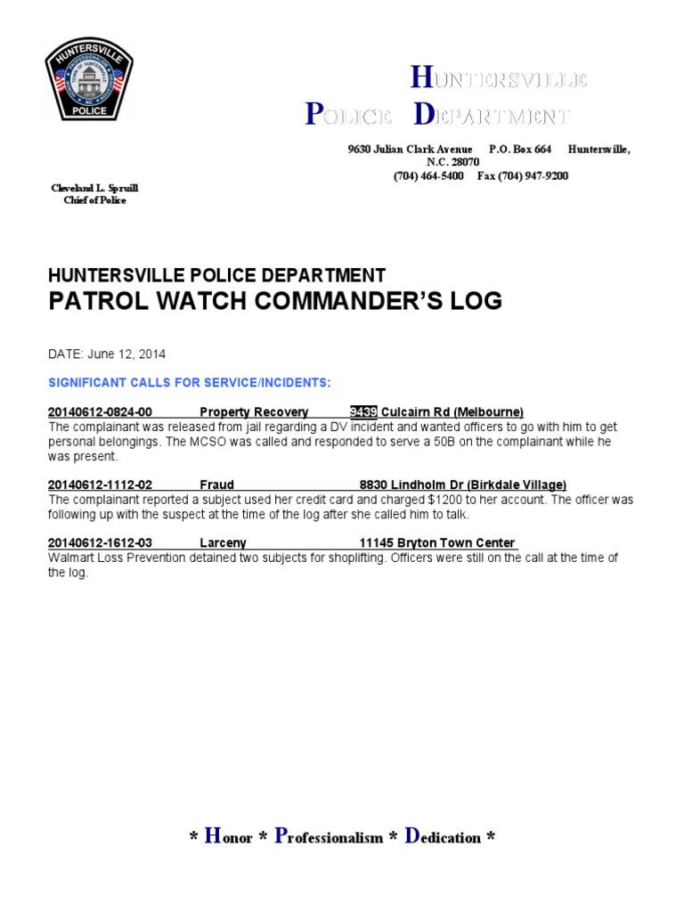 Huntersville Police Incident Log - June 2014 | PDF
