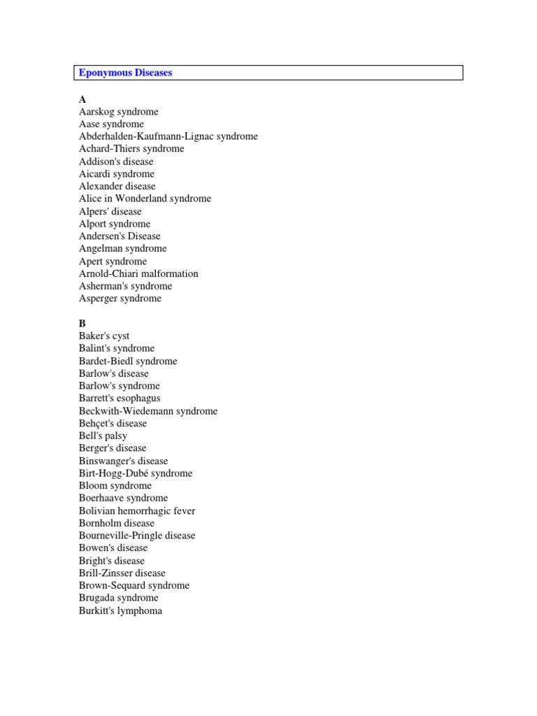List of Eponyms in Medicine Diseases And Disorders Medical Specialties