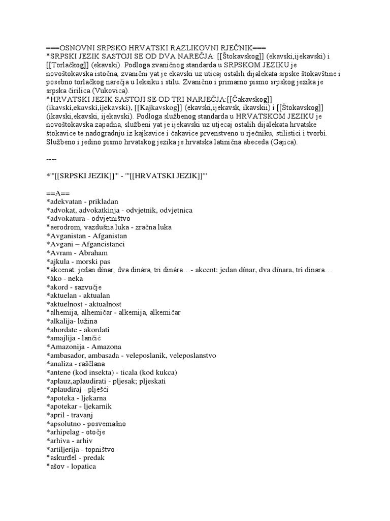 Osnovni Hrvatsko Srpski Razlikovni Rječnik | PDF