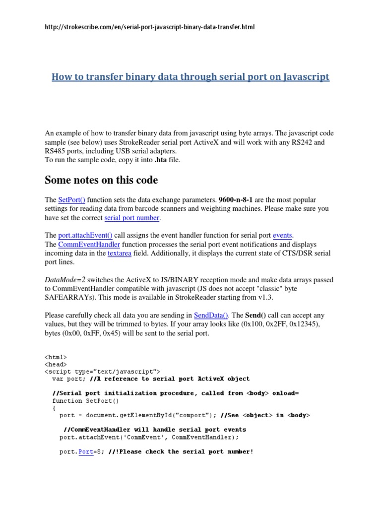 How To Transfer Binary Data Through Serial Port On Javascript PDF