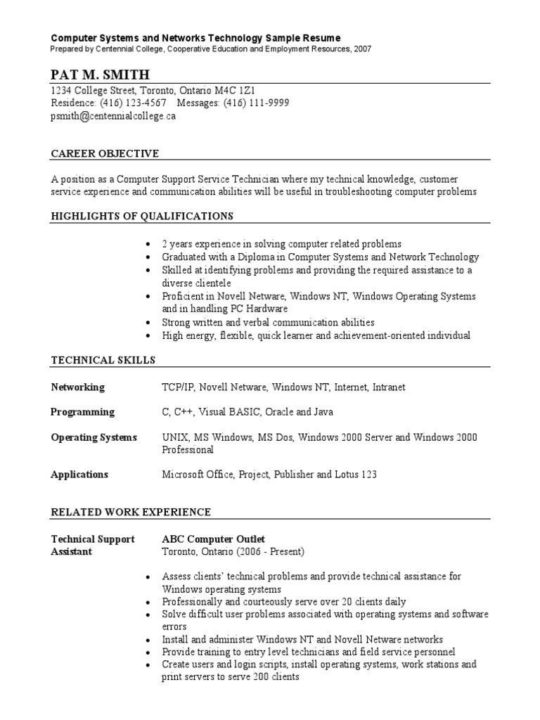 Pat M. Smith: Computer Systems and Networks Technology Sample Resume | PDF