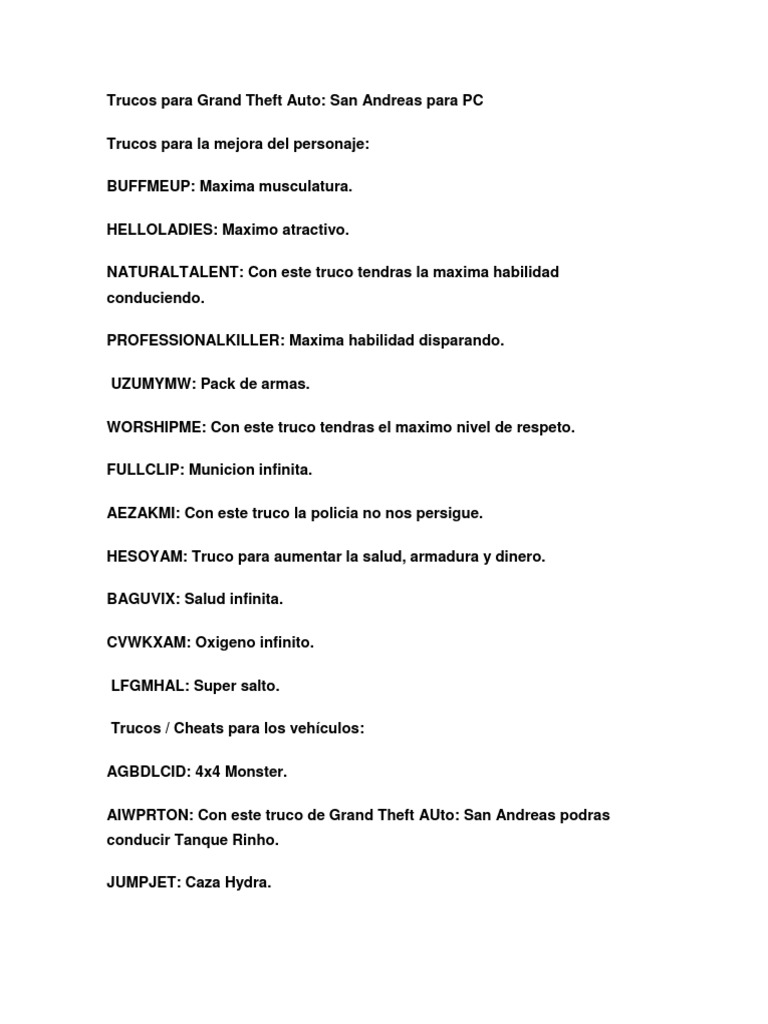 Trucos para Grand Theft Auto San Andreas PDF Videojuegos Ocio