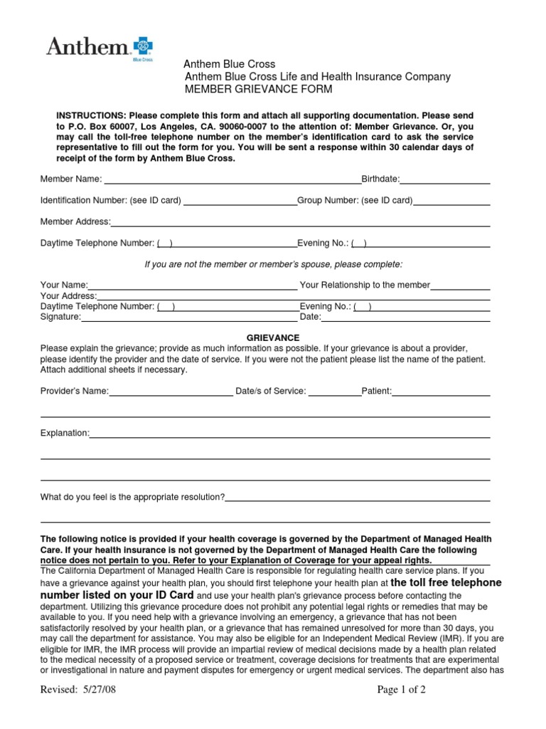 Anthem Blue Cross California Grievance Form | PDF | Blue Cross Blue ...