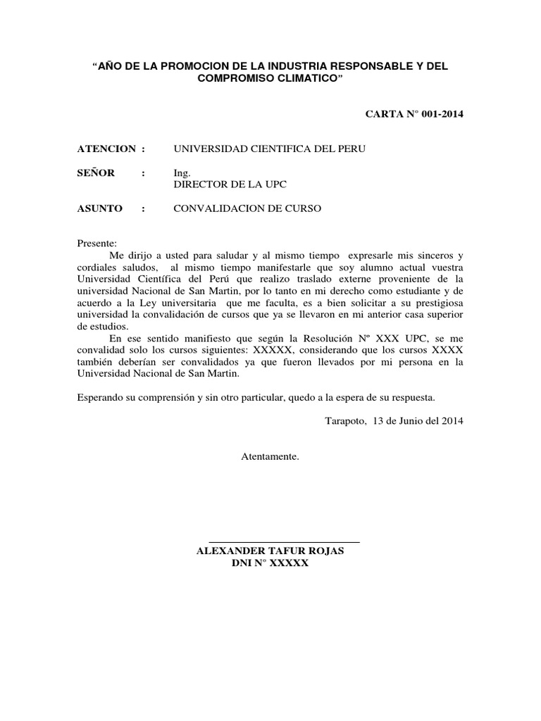 Modelo de Carta Para Convalidacion de Curso - Upc