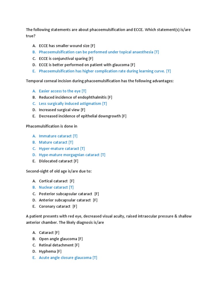 Phacoemulsification and ECCE MCQs | PDF | Cataract | Glaucoma
