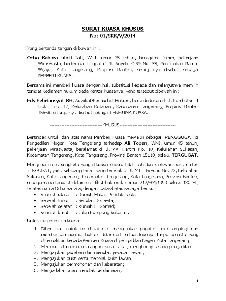 Surat Kuasa Khusus Selanjutnya sebagai Pemberi Kuasa.