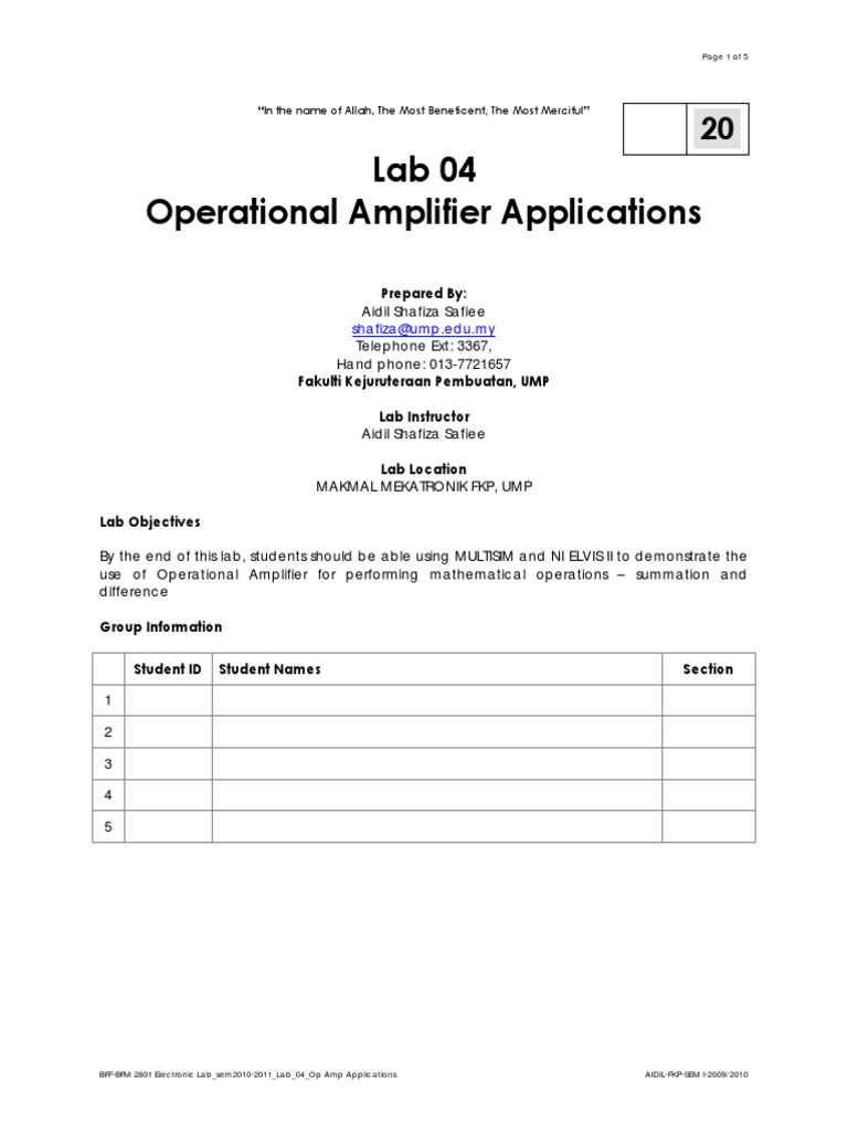 Lab 04 Operational Amplifier Applications: Prepared by | PDF ...