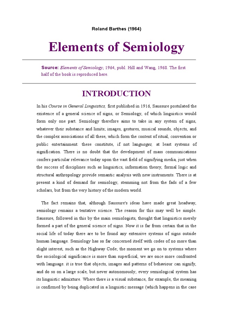 ROLAND BARTHES Elements of Semiology | Linguistics | Symbols