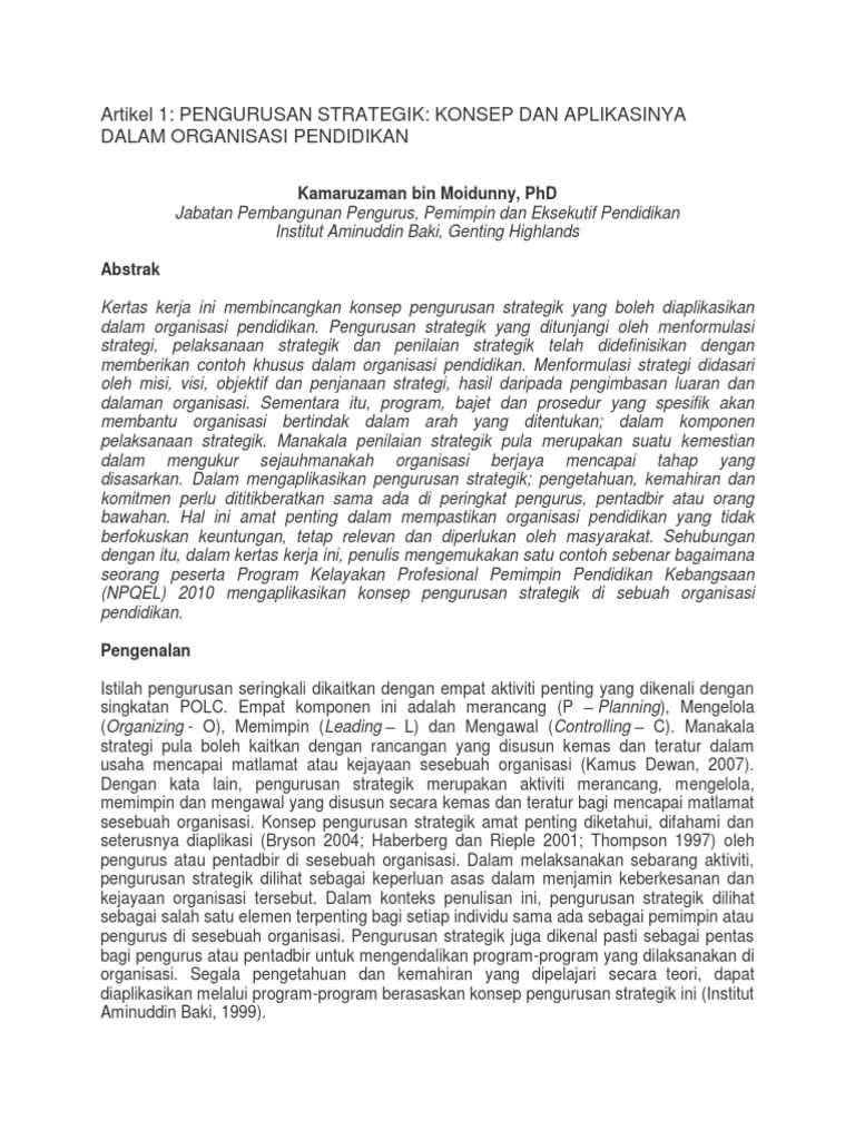 Artikel 1: Pengurusan Strategik: Konsep Dan Aplikasinya 